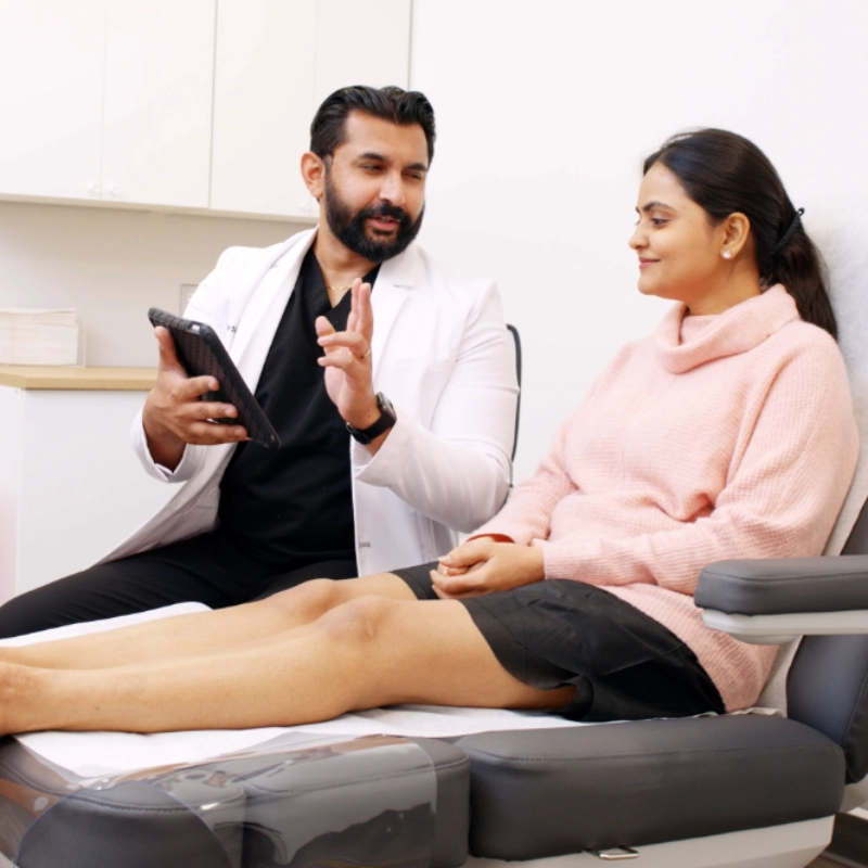 Dr. Sahil Patel consults with a female patient in a clinical examination room, using a tablet to explain her treatment plan. The patient is seated on an exam chair with her legs extended as they discuss her care.